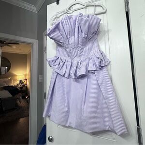 Strapless purple and white dress with front ruffle detailing. New with tags.